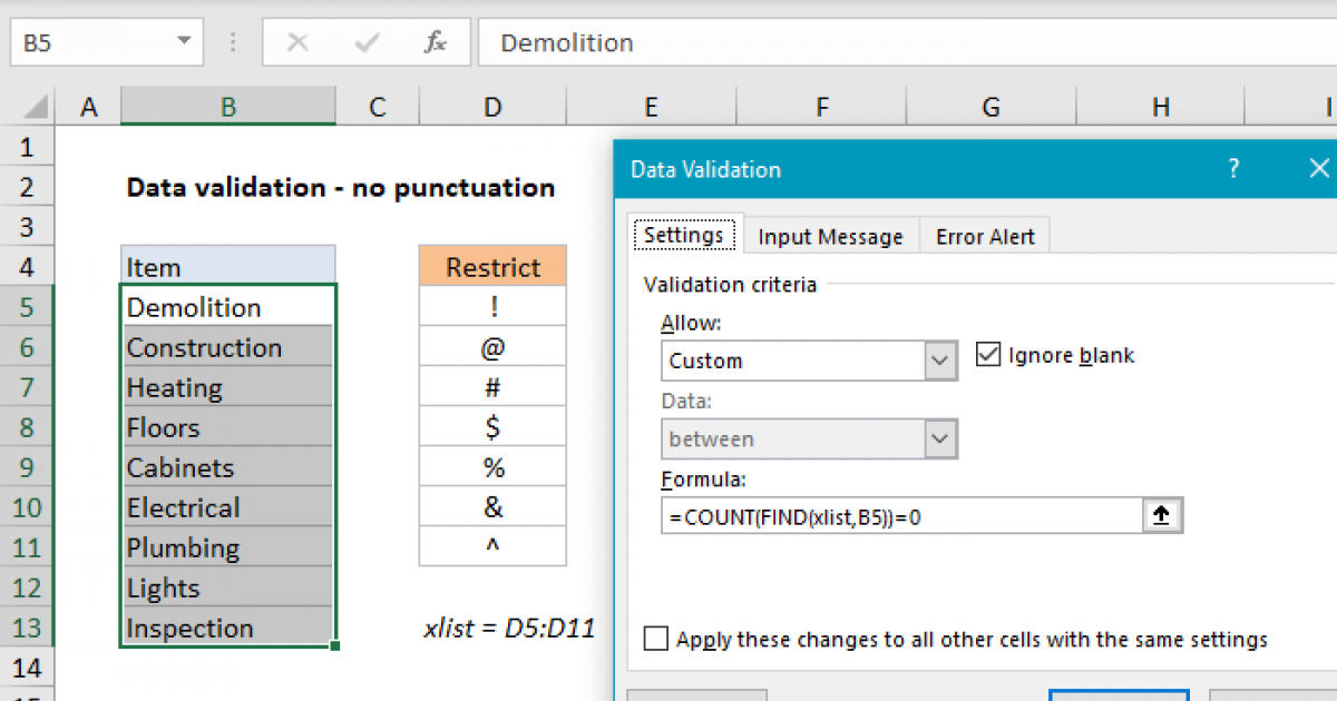 Data validation no punctuation Excel formula Exceljet